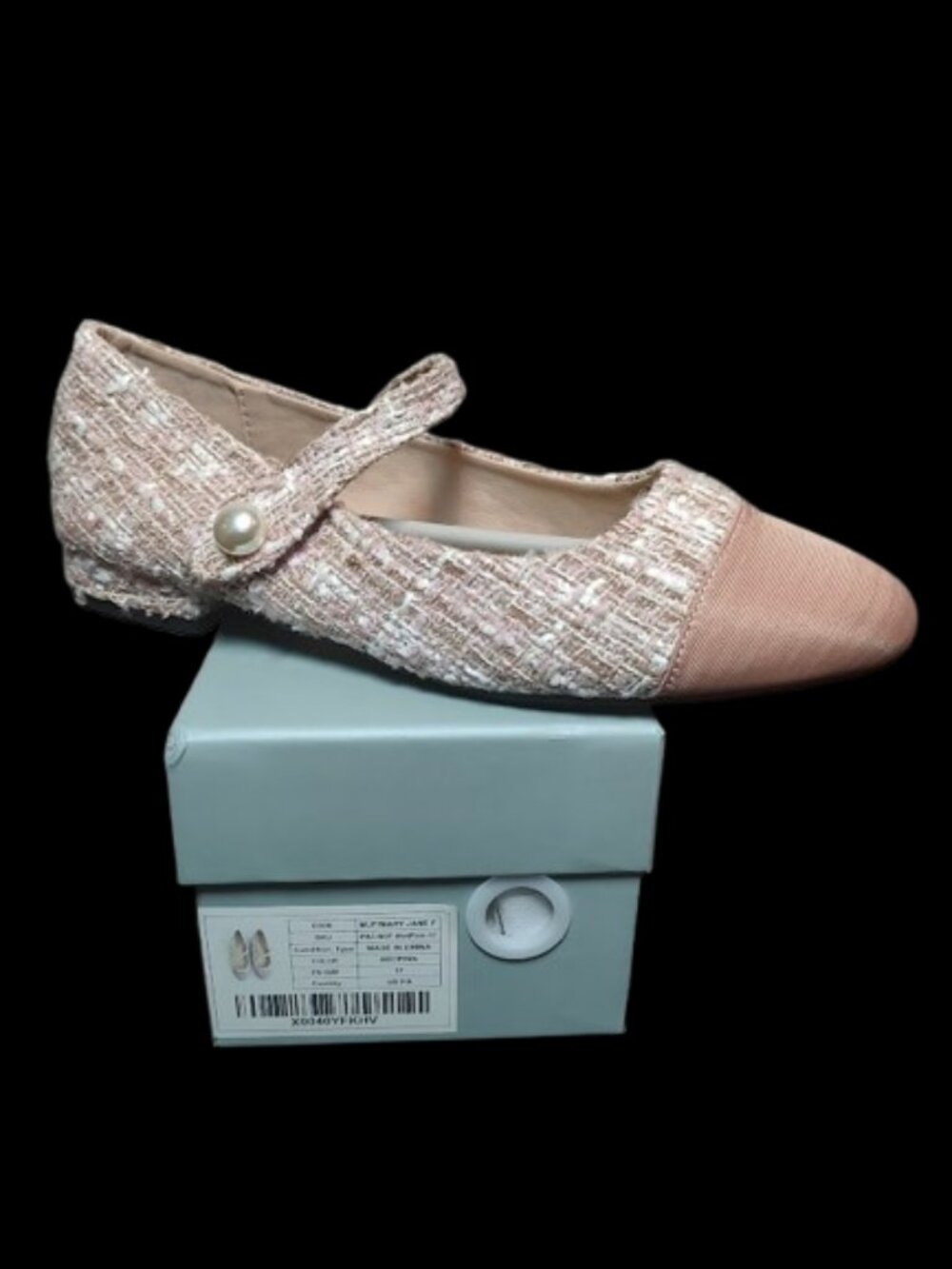 C.Paravano Pink Tweed Mary Jane Flats Pearl Cap Toe Ballet Shoes Women Size 6.5